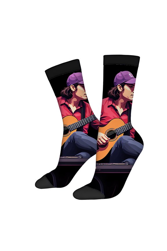 2 Pairs Vibrant Unisex Trendy Socks with Guitar Illustration - Colorful Mixed Design for All Seasons