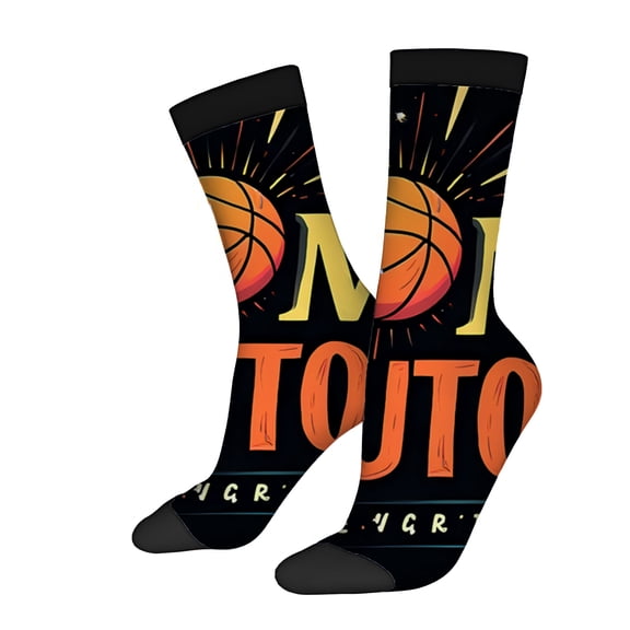 2 Pairs Vibrant Unisex Trendy Socks with Orange Basketball Design & Bold ' RUTS ' Text Black Background with Yellow - Perfect for All Seasons
