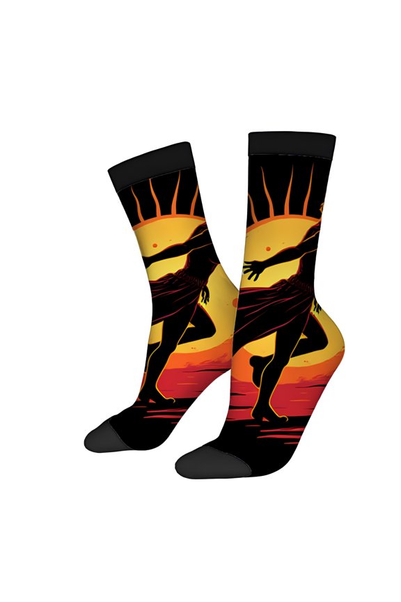 2 Pairs Vibrant Unisex Trendy Socks with Stylized Sun Design - Four Seasons Universal Mixed Color Socks Black Background with Red & Orange Hues