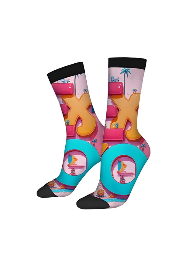 2 Pairs Vibrant Unisex Trendy Socks with Whimsical Designs: Pink Background Large ' E ' Palm Tree UFO Character - Four Seasons Mixed Color Socks