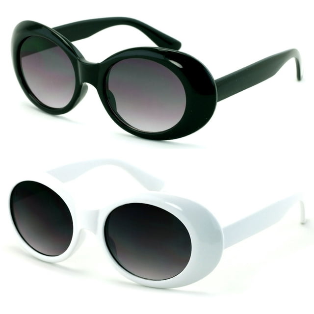 2 Pairs Vintage Sunglasses UV400 Bold Retro Oval Mod Thick Frame Sunglasses Clout Goggles with Black White Round Lens