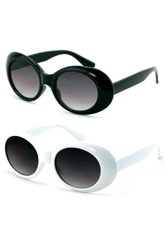 2 Pairs Vintage Sunglasses UV400 Bold Retro Oval Mod Thick Frame Sunglasses Clout Goggles with Black White Round Lens