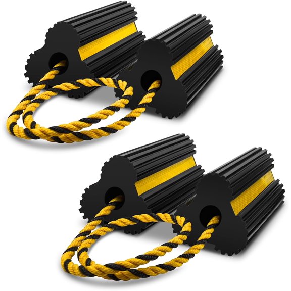 2 Pairs Wheel Chocks Heavy-Duty Rubber Wheel Block Non-Slip Base with Nylon Rope Yellow Reflective Tape - 4 Pack Wheel Stopper for Travel Trailers, Car, Camper, Truck, Black