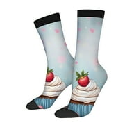 JANE YI 2 Pairs Whimsical Light Blue Socks with Colorful Clouds & Strawberry Cupcake Design - Unisex Trendy Mixed Color Socks for All Seasons