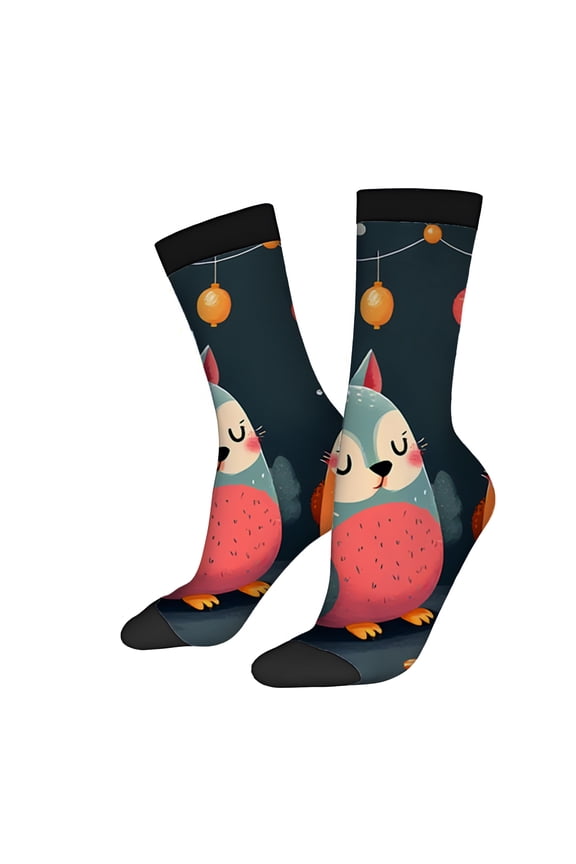 2 Pairs Whimsical Owl Design Socks with Lanterns - Cozy Unisex Trendy Socks for All Seasons - Mixed Colors Cute Moon & Stars Pattern