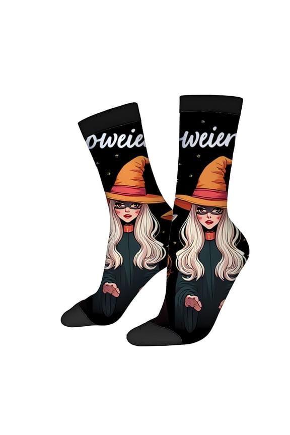 2 Pairs Whimsical Witch-Themed Socks with Orange - Haired Character Stars & ' Hello ' Design - Unisex Trendy Mixed Color Socks for All Seasons