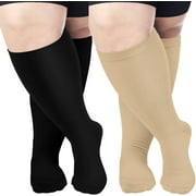 2 Pairs Wide Calf Compression Socks for Women Men AMITOFO Circulation 20-30mmHg Plus Size Knee High Support Stockings for Medical | Circulation | Nurses | Running | Travel,Beige Black 4XL