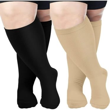 2 Pairs Wide Calf Compression Socks for Women Men AMITOFO Circulation 20-30mmHg Plus Size Knee High Support Stockings for Medical | Circulation | Nurses | Running | Travel,Beige Black 4XL