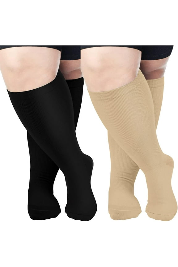 2 Pairs Wide Calf Compression Socks for Women Men AMITOFO Circulation 20-30mmHg Plus Size Knee High Support Stockings for Medical | Circulation | Nurses | Running | Travel,Beige Black 4XL