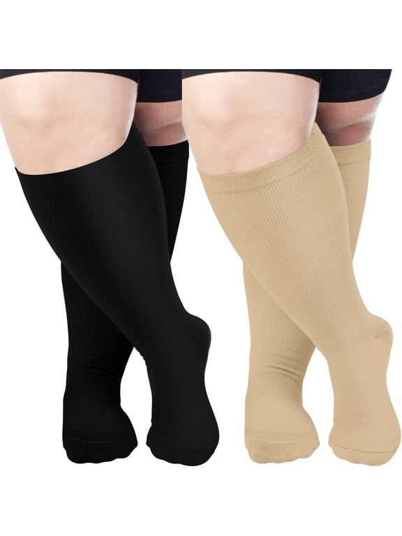2 Pairs Wide Calf Compression Socks for Women Men AMITOFO Circulation 20-30mmHg Plus Size Knee High Support Stockings| Circulation | Nurses | Running | Travel,Beige Black 4XL