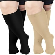 2 Pairs Wide Calf Compression Socks for Women  Men AMITOFO Circulation 20-30mmHg Plus Size Knee High Support Stockings for Medical | Circulation | Nurses | Running | Travel,Beige Black 4XL