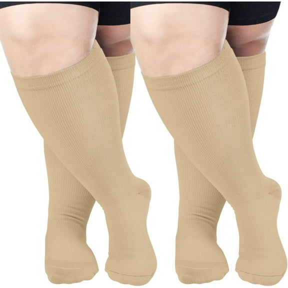 2 Pairs Wide Calf Compression Socks for Women & Men Circulation 20-30mmHg Plus Size Knee High Support Stockings for Medical | Circulation | Nurses | Running | Travel,Beige 2XL