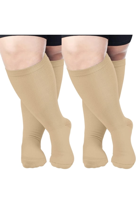2 Pairs Wide Calf Compression Socks for Women & Men Circulation 20-30mmHg Plus Size Knee High Support Stockings for Medical | Circulation | Nurses | Running | Travel,Beige 2XL