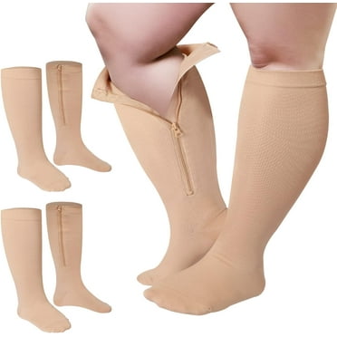 2 Pairs Wide Plus Size Calf Compression Socks with Zipper for Overweight Women Men 15 to 25 MmHg