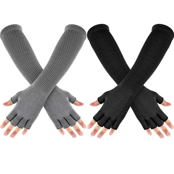 2 Pairs Winter Fingerless Gloves Long Thermal Knitted Mittens Stretchy Arm Warmers Half Finger Gloves for Men Women, 11 Inch
