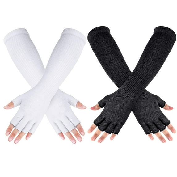2 Pairs Winter Fingerless Gloves Long Thermal Knitted Mittens Stretchy Arm Warmers Half Finger Gloves for Men Women, 11 Inch