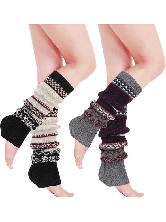 2 Pairs Winter Leg Warmers for Women, Bohemian Style Crochet Knitted Boot Socks for Girls, High Leg Warmers Boot Topper Socks Leg Cuffs Leg Warmers Gift for Girls (Black, Gray)