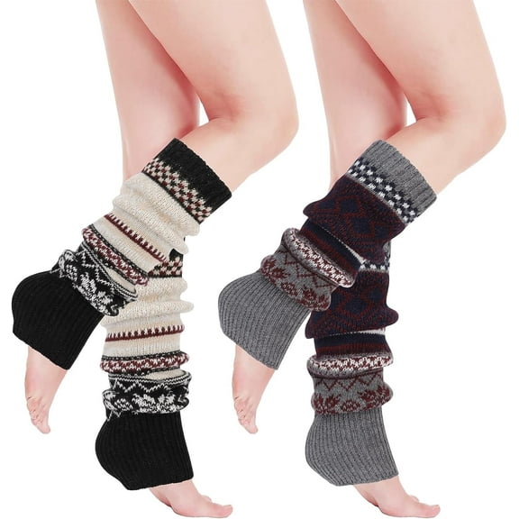 2 Pairs Winter Leg Warmers for Women, Bohemian Style Crochet Knitted Boot Socks for Girls, High Leg Warmers Boot Topper Socks Leg Cuffs Leg Warmers Gift for Girls (Black, Gray)