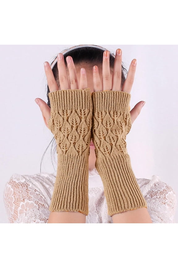 2 Pairs Winter Warm Fingerless Gloves Acrylic Knitted Fiber Yarn with Thumb Hole Tan 210mm Soft Comfortable Handwear Unisex for Cold Weather Outdoor Activities DIY