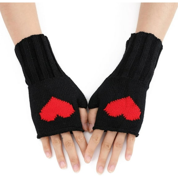 2 Pairs Winter Warm Fingerless Gloves Acrylic Knitted Fiber Yarn Two Tone Heart Pattern Black 200x85mm with Thumb Hole Soft Comfortable Handwear for Cold Weather Outdoor Activities Black 1Set