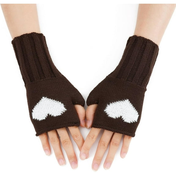 2 Pairs Winter Warm Fingerless Gloves Acrylic Knitted Fiber Yarn Two Tone Heart Pattern Coconut Brown 200x85mm with Thumb Hole Soft Comfortable Handwear Unisex for Cold Weather Outdoor Activities DIY