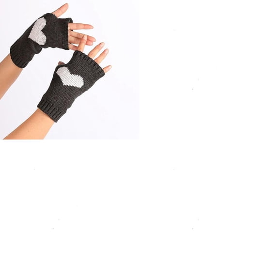 2 Pairs Winter Warm Fingerless Gloves Acrylic Knitted Fiber Yarn Two Tone Heart Pattern Gray 190x70mm Soft Comfortable Handwear Unisex