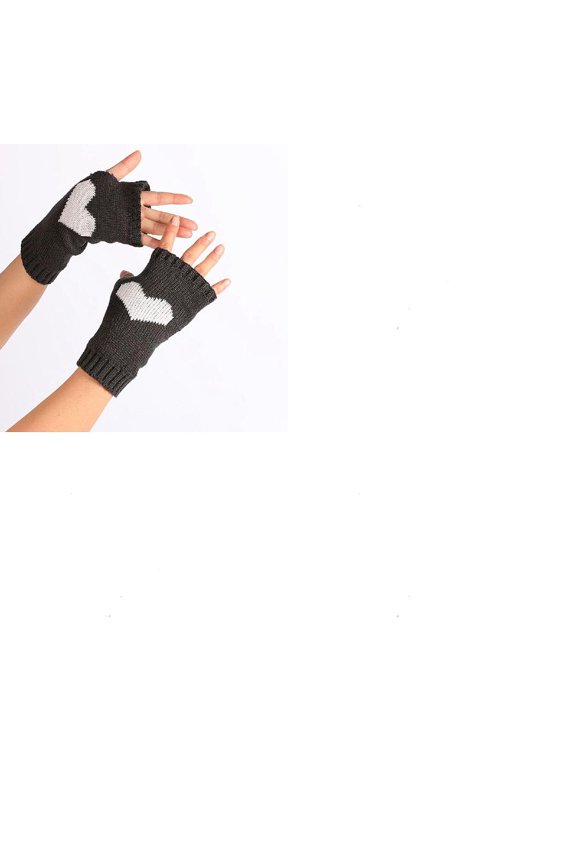 2 Pairs Winter Warm Fingerless Gloves Acrylic Knitted Fiber Yarn Two Tone Heart Pattern Gray 190x70mm Soft Comfortable Handwear Unisex