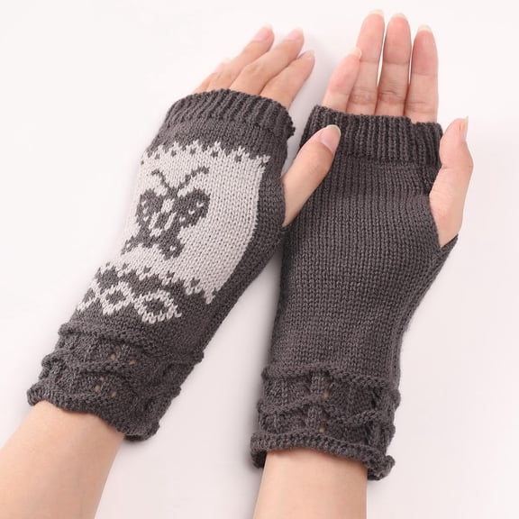 2 Pairs Winter Warm Fingerless Gloves Knitted Fiber Yarn Thumb Hole Butterfly Pattern Gray 200x80mm Soft Comfortable Handwear Unisex for Cold Weather Outdoor Activities