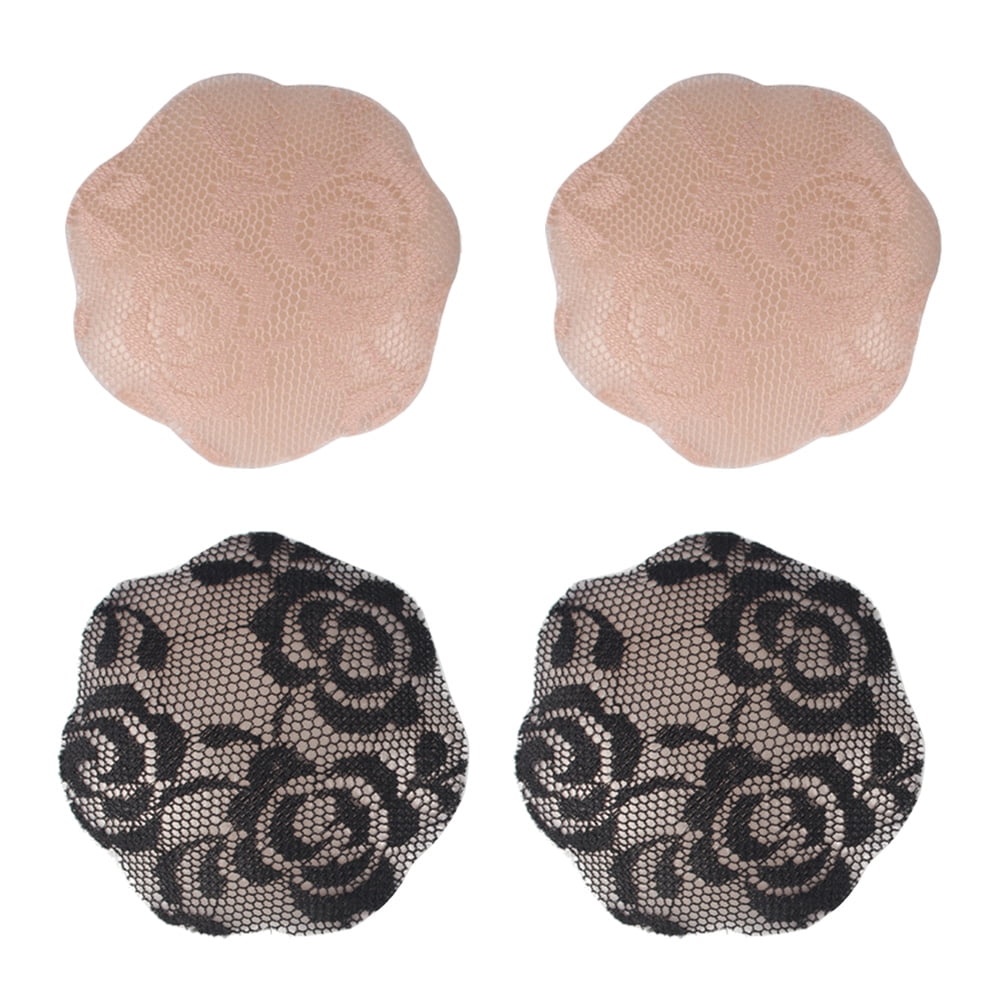 2 Pairs Women Adhesive Lace Silicone Breast Petal Pasties Flower Shape  Cover Reusable Pasties for Girls Women (Black, Skin Color) 