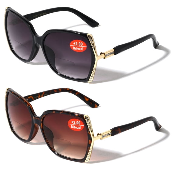 2 Pairs Women Bifocal Oversized Reading Sunglasses with Rhinestones - UV400 Reader Glasses +1.50