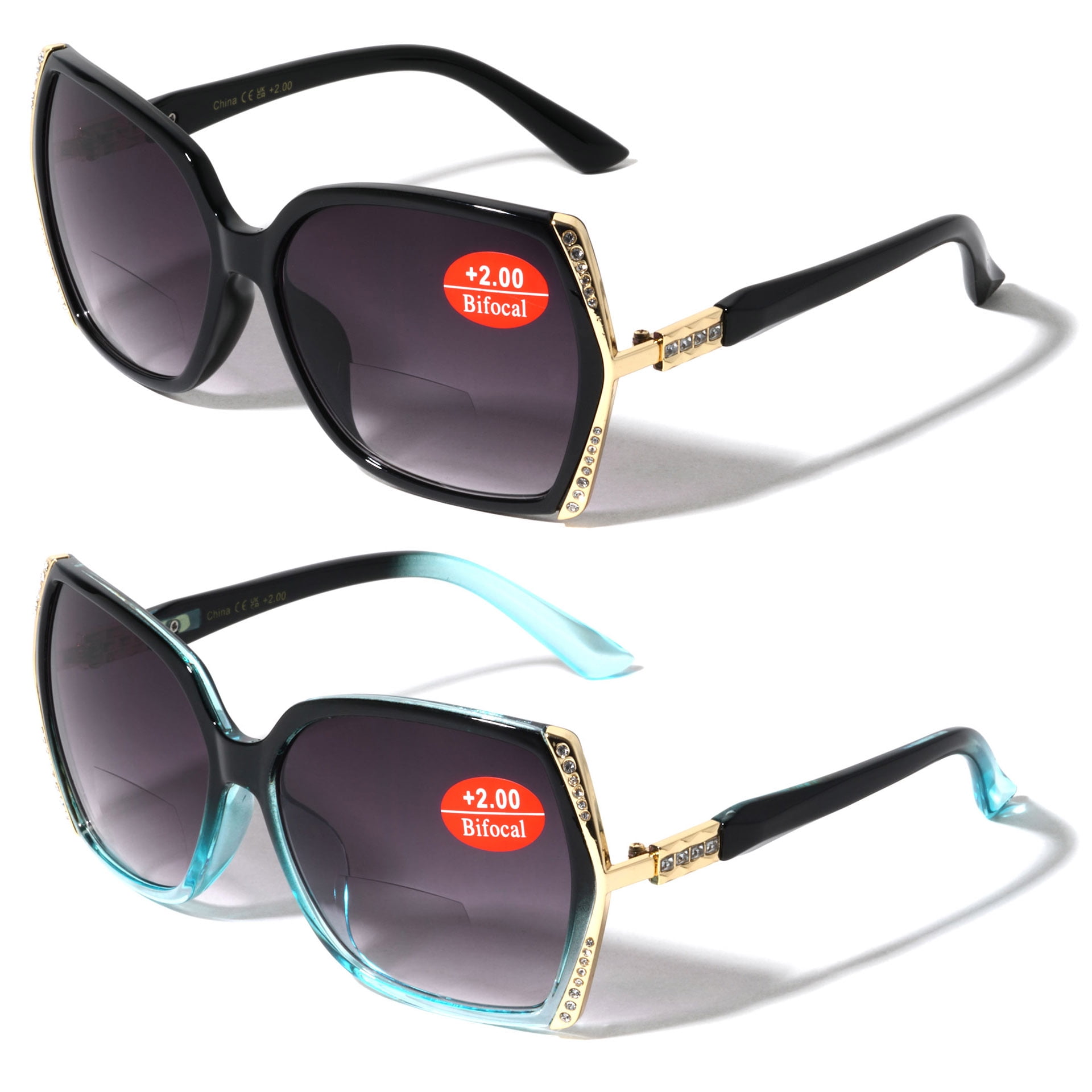 2 Pairs Women Bifocal Oversized Reading Sunglasses with Rhinestones - UV400 Reader Glasses +2.25