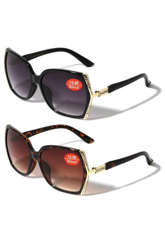 2 Pairs Women Bifocal Oversized Reading Sunglasses with Rhinestones - UV400 Reader Glasses +2.50