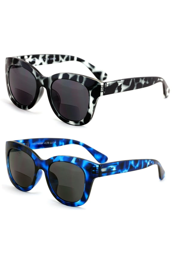 2 Pairs Women Bifocal Round Oversized Reading Sunglasses - Outdoor Reader - Spring Hinge Bi-Focal +1.75