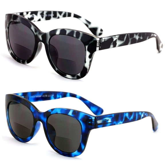 2 Pairs Women Bifocal Round Oversized Reading Sunglasses - Outdoor Reader - Spring Hinge Bi-Focal +2.50