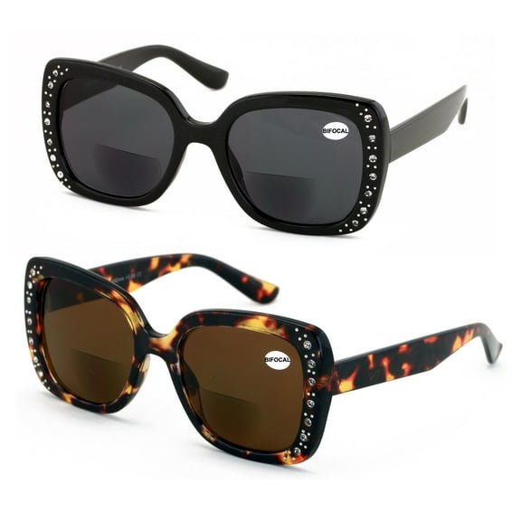 2 Pairs Women Bifocal Sunglasses Rhinestones Outdoor UV Protection Reading Glasses Butterfly Elegance 106 +3.00