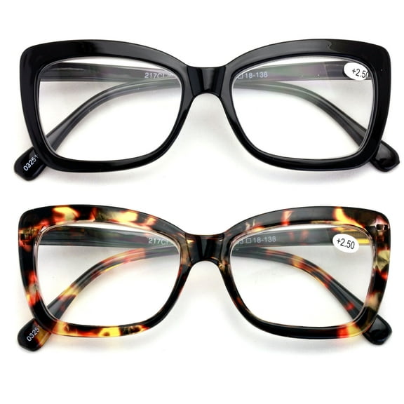 2 Pairs Women Big Lens Butterfly Reading Glasses - Fun Cateye Clear Lens Readers - Black Tortoise 1.75