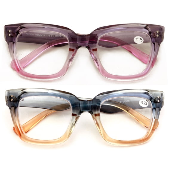 2 Pairs Women Bold Oversized Large Reading Glasses Traperzoid Clear Lens Reader 1.25
