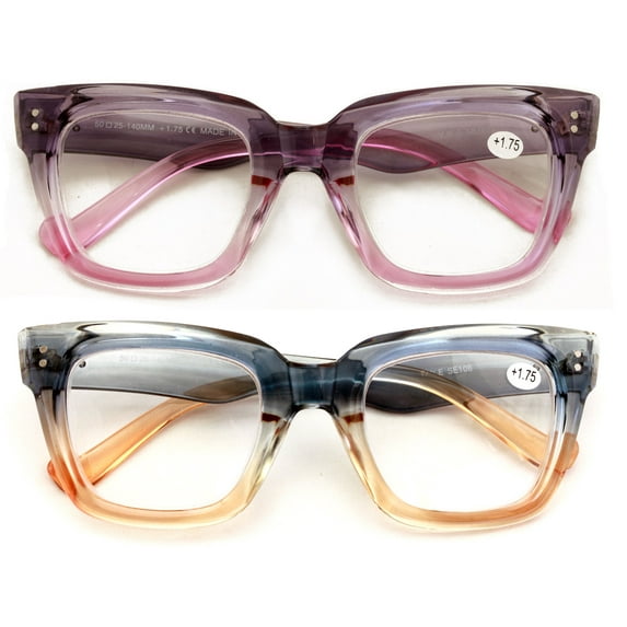 2 Pairs Women Bold Oversized Large Reading Glasses Traperzoid Clear Lens Reader 2.25