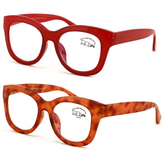 2 Pairs Women Bold Round Reading Glasses - Blue Light Blocking Readers +3.00