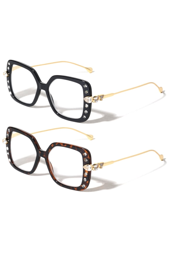 2 Pairs Women Butterfly Square Oversized Gold Metal Temple Reading Glasses Gem Rhinestones +1.00