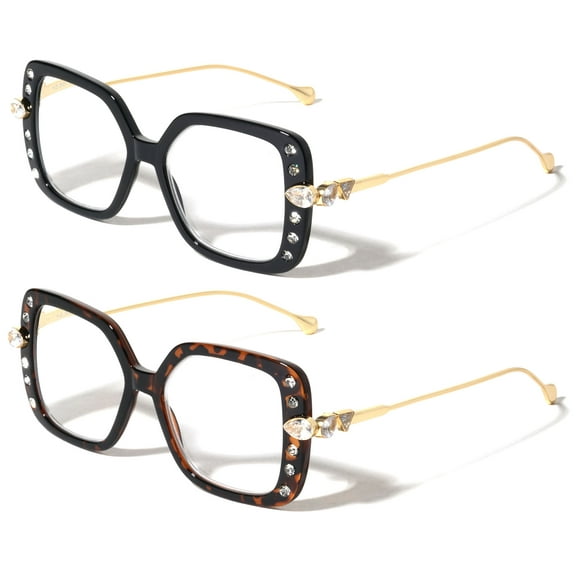 2 Pairs Women Butterfly Square Oversized Gold Metal Temple Reading Glasses Gem Rhinestones +1.50