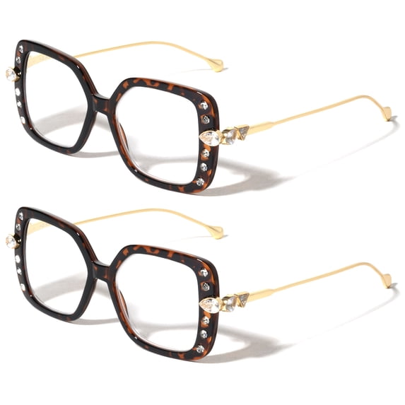 2 Pairs Women Butterfly Square Oversized Gold Metal Temple Reading Glasses Gem Rhinestones +2.50