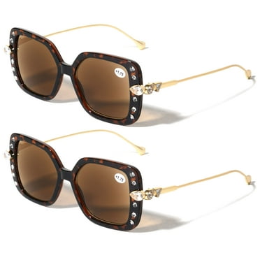 2 Pairs Women Butterfly Square Oversized Gold Metal Temple Reading SunGlasses Gem Rhinestones Tinted Reader +2.25