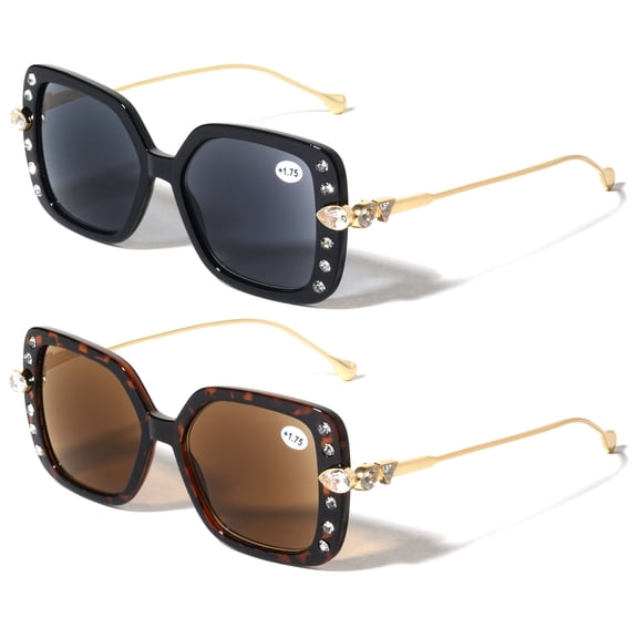 2 Pairs Women Butterfly Square Oversized Gold Metal Temple Reading SunGlasses Gem Rhinestones Tinted Reader +3.00