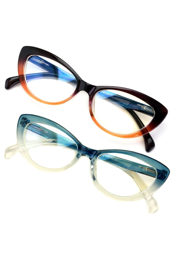 2 Pairs Women Cateye Glasses Reading Readers Anti Blue Light UV Eye Protection Blue Brown +2.25