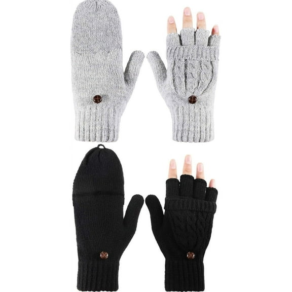 2 Pairs Women Fingerless Mittens Winter Convertible Gloves Knitted Half Finger Gloves with Cover