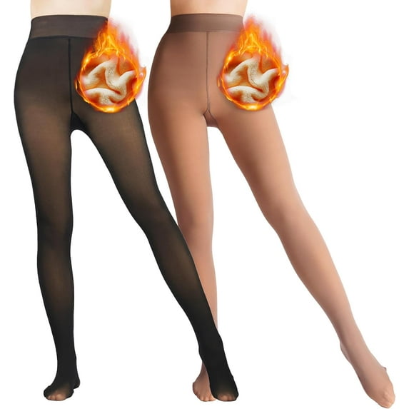 2 Pairs Women Fleece Lined Tights-Fake Translucent Leggings High Waist Pantyhose Sheer Thick Warm Tights For Women