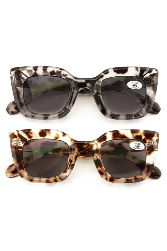 2 Pairs Women Outdoor Reading Sunglasses Oversized Full Lens Readers Square Cateye Bold +2.25