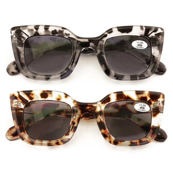 2 Pairs Women Outdoor Reading Sunglasses Oversized Full Lens Readers Square Cateye Bold +2.50