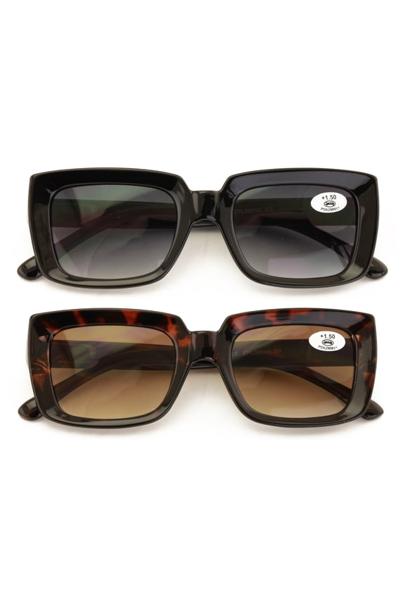 2 Pairs Women Outdoor Reading Sunglasses Rectangular Full Lens Readers Gradient UV Protection +3.00